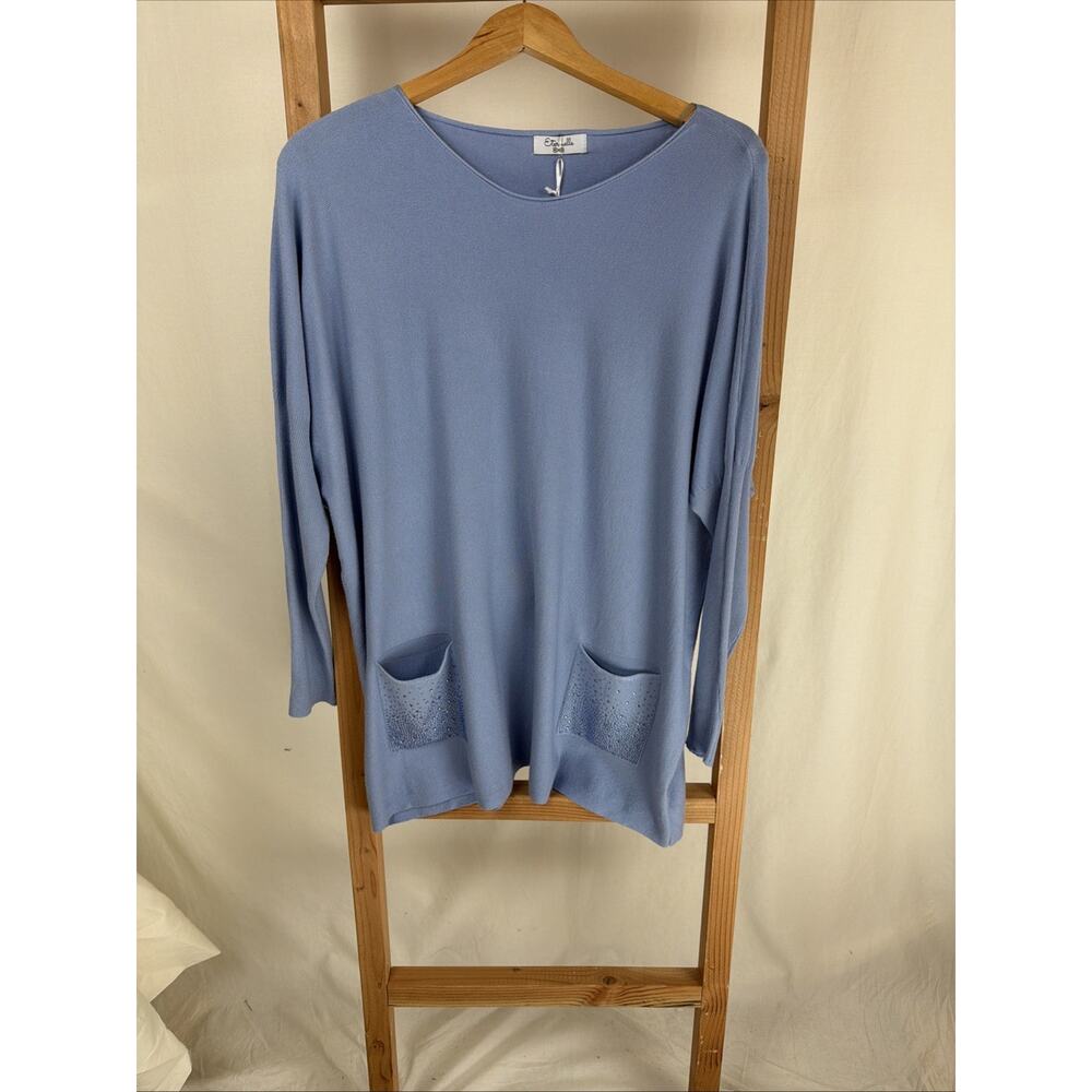 NWT Eternelle Blue Round Neck Dolman Sleeve Bedazzled Sweater #0937 Size OS